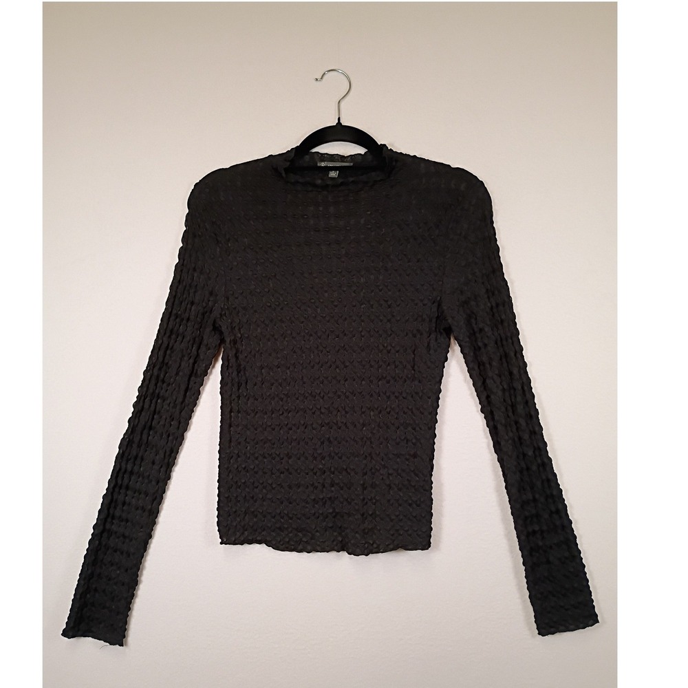 Chic Adrianna Papell Womens M Black Popcorn Textured Mock Neck Long Sleeve Top